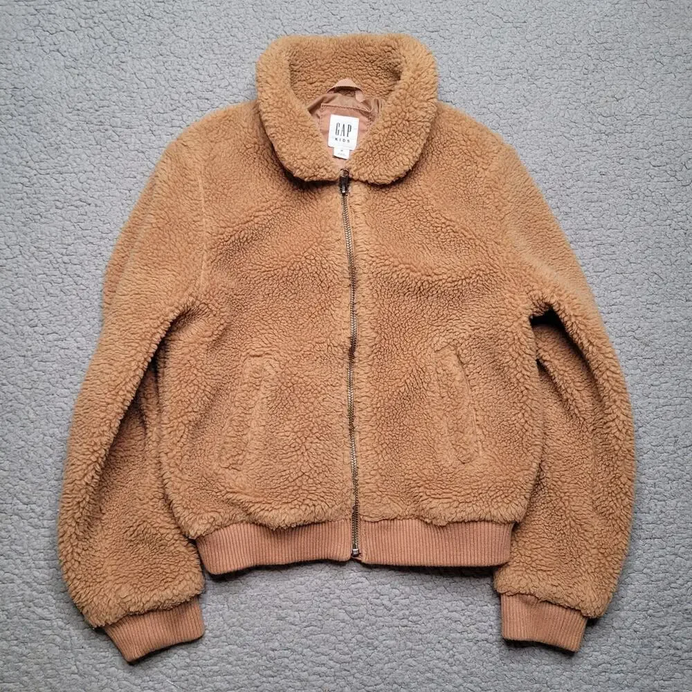 Gap Kids Jacket Medium Tan Brown Sherpa Bomber Zip Collared Fuzzy Soft‎ Cozy